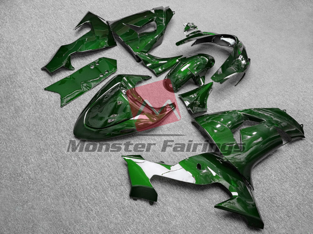 2006 - 2007 Kawasaki ZX10R Gloss Green Carbon Fiber Style fairing set - ABS injection, custom painted by Monster Fairings