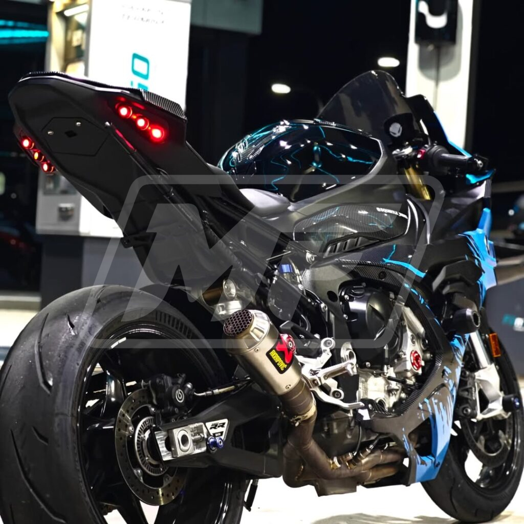 2023 - 2024 BMW S1000RR Gloss Carbon Fiber Light Blue Splash fairing set - ABS injection, custom painted by Monster Fairings