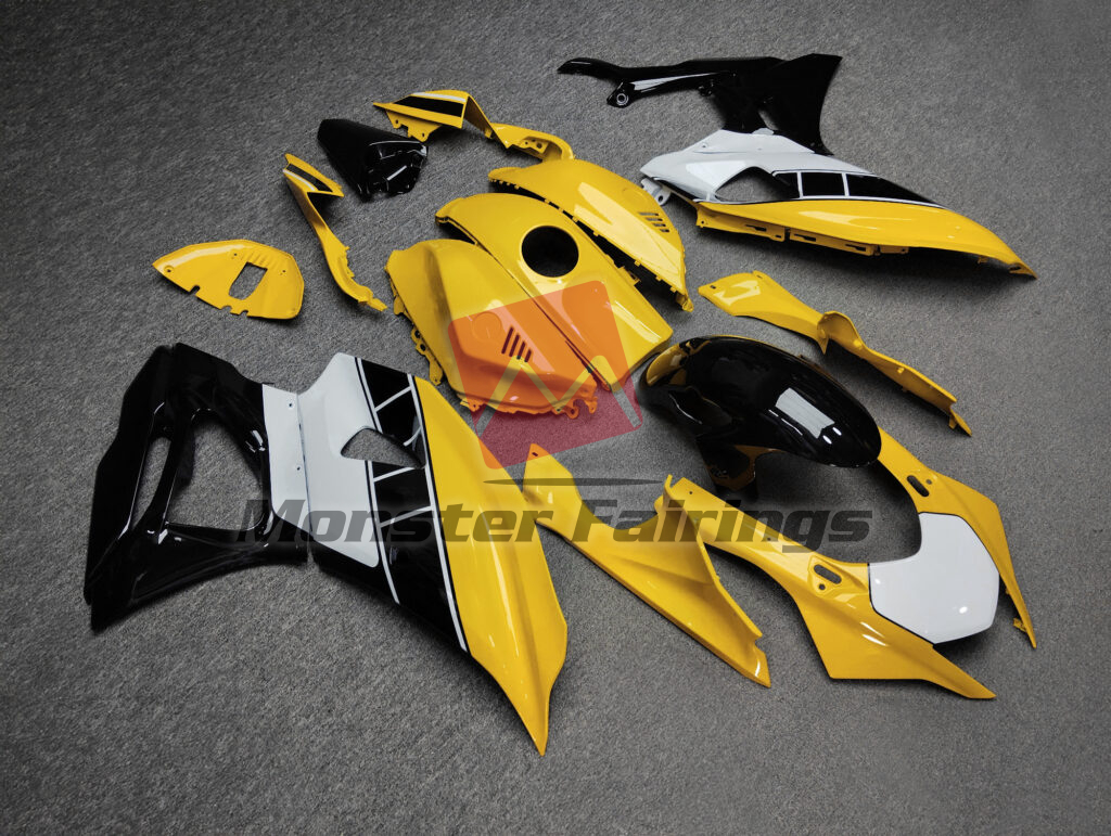 Yamaha R7 custom ABS fairings 2021 - 2025 in Gloss Yellow & Black White - durable replacement kit, Monster Fairings