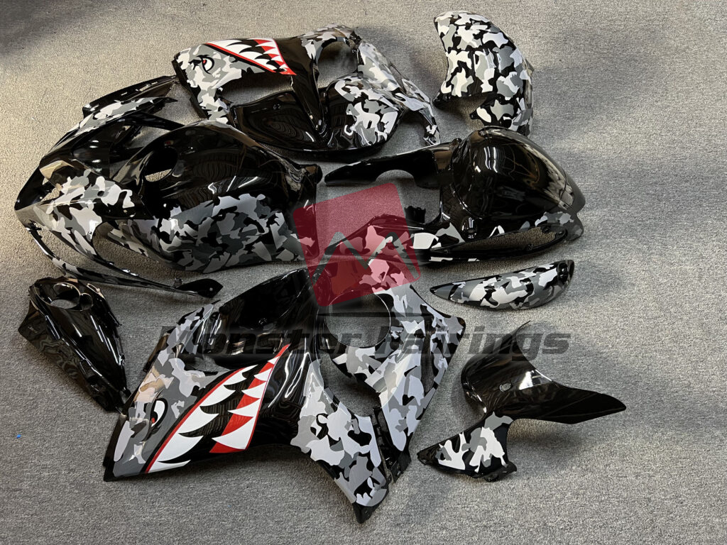 Suzuki GSXR 1300 custom ABS fairings 2008 - 2020 in Gloss Black & Gray Shark - durable replacement kit, Monster Fairings
