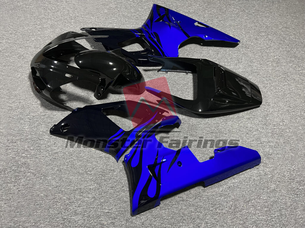 Yamaha R1 custom ABS fairings 1998 - 1999 in Gloss Black & Blue Flames - durable replacement kit, Monster Fairings