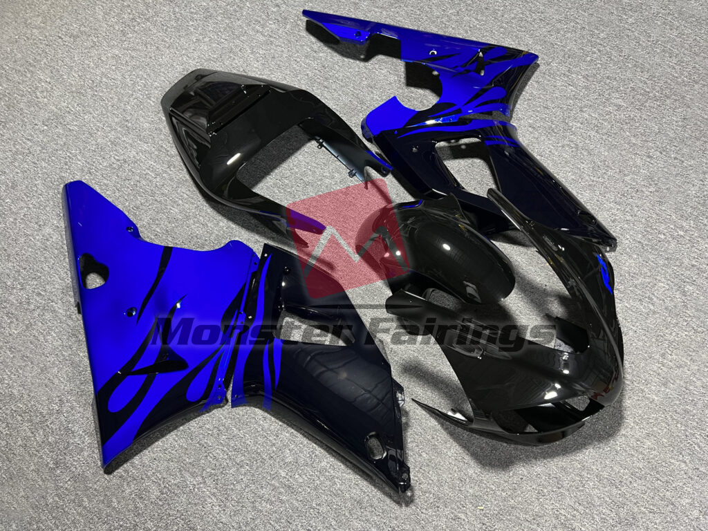 1998 - 1999 Yamaha R1 Gloss Black & Blue Flames fairing set - ABS injection, custom painted by Monster Fairings