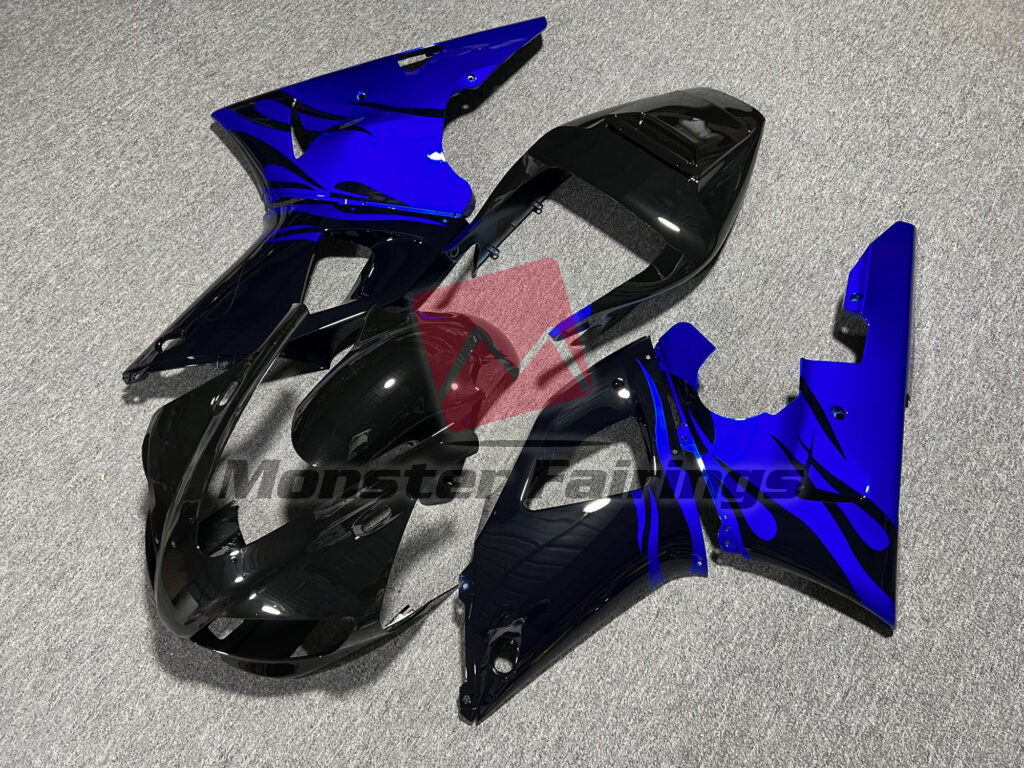 Gloss Black & Blue Flames ABS fairings for Yamaha R1 1998 - 1999 - premium OEM fit kit by Monster Fairings
