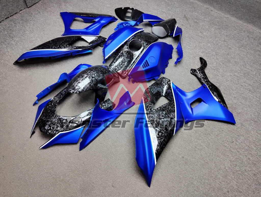 Matte Blue White & Gloss Forged Carbon Fiber Style ABS fairings for Yamaha R7 2021 - 2025 - premium OEM fit kit by Monster Fairings
