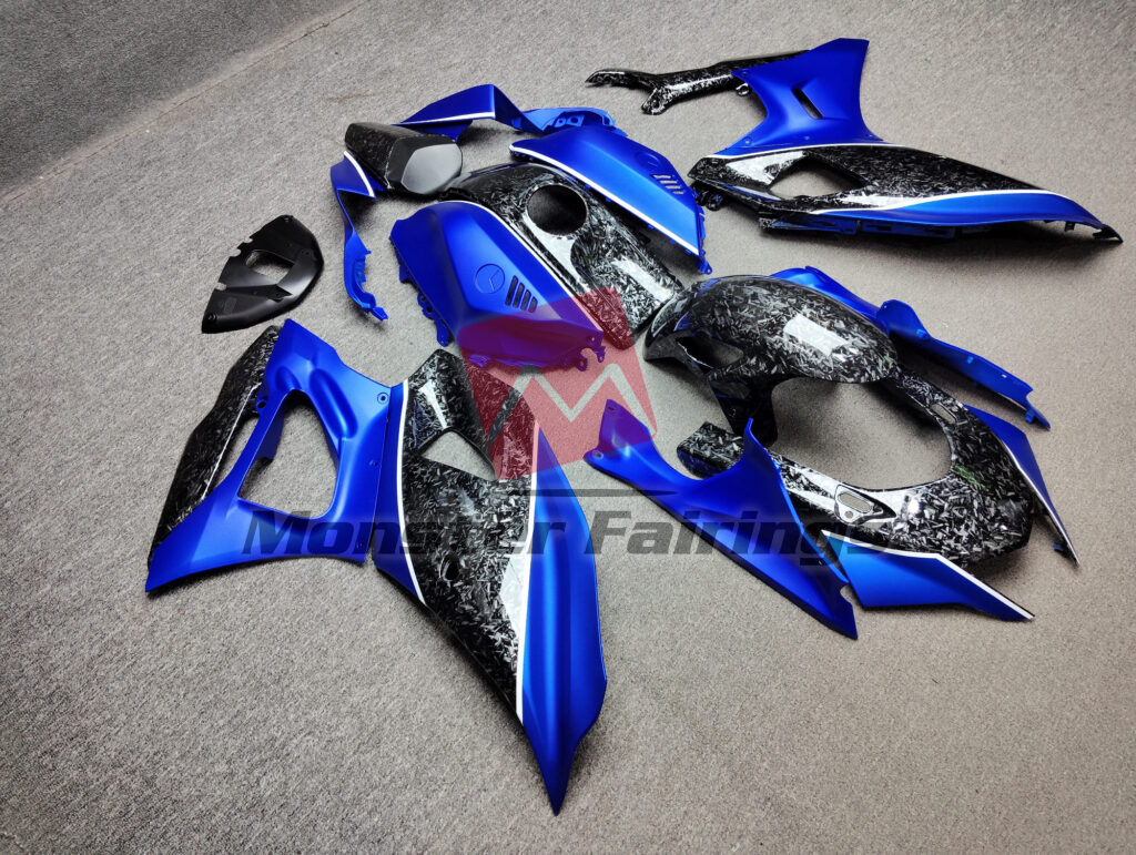 Yamaha R7 custom ABS fairings 2021 - 2025 in Matte Blue White & Gloss Forged Carbon Fiber Style - durable replacement kit, Monster Fairings