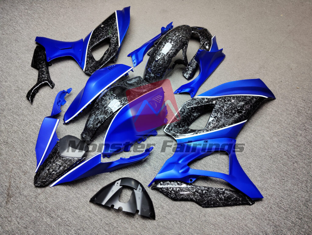 2021 - 2025 Yamaha R7 Matte Blue White & Gloss Forged Carbon Fiber Style fairing set - ABS injection, custom painted by Monster Fairings