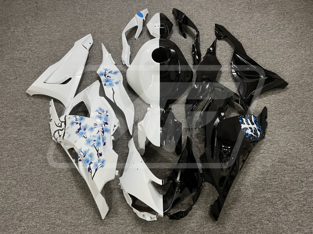 Kawasaki ZX6R 2024 - 2025 Gloss Black & White Blue Cherry Blossom Split ABS fairings - custom motorcycle bodywork kit by Monster Fairings
