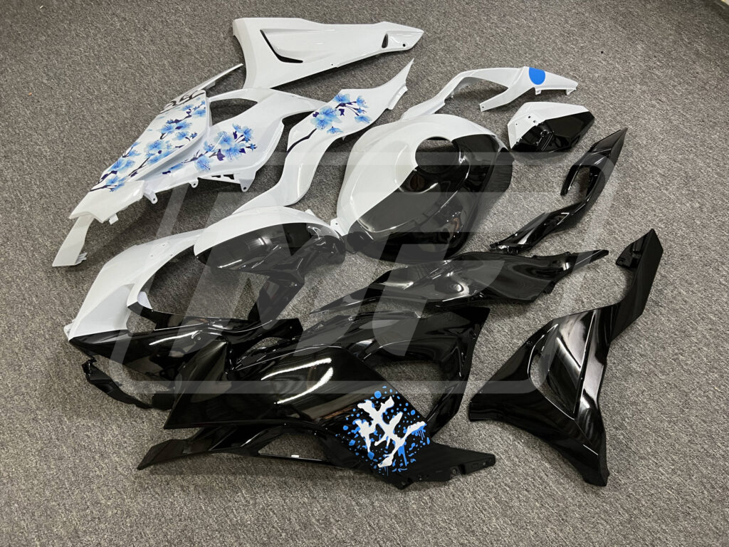 Gloss Black & White Blue Cherry Blossom Split ABS fairings for Kawasaki ZX6R 2024 - 2025 - premium OEM fit kit by Monster Fairings