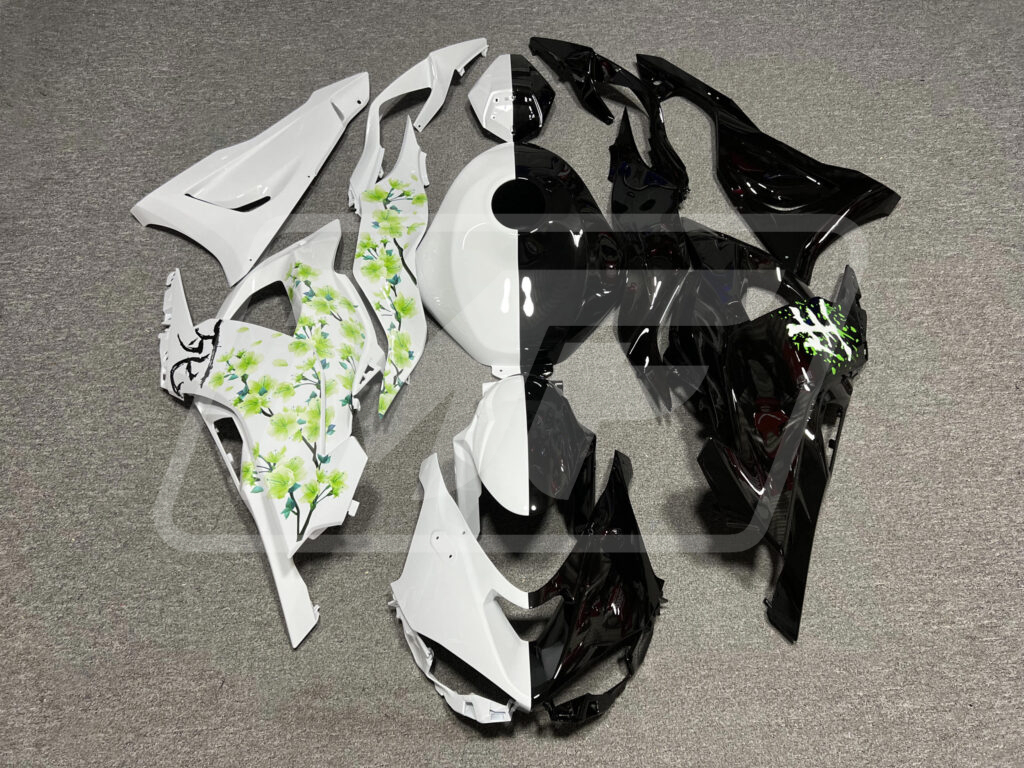 Kawasaki ZX6R 2024 - 2025 Gloss Black & White Green Cherry Blossom Split ABS fairings - custom motorcycle bodywork kit by Monster Fairings