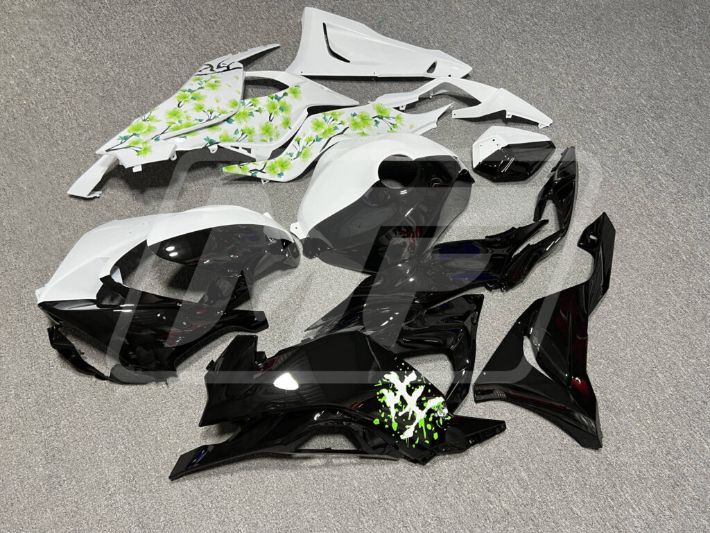 Kawasaki ZX6R custom ABS fairings 2024 - 2025 in Gloss Black & White Green Cherry Blossom Split - durable replacement kit, Monster Fairings
