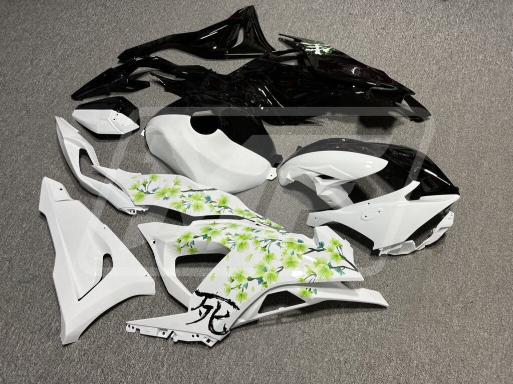 Monster Fairings ABS fairing kit for Kawasaki ZX6R 2024 - 2025 - Gloss Black & White Green Cherry Blossom Split, precise OEM fit