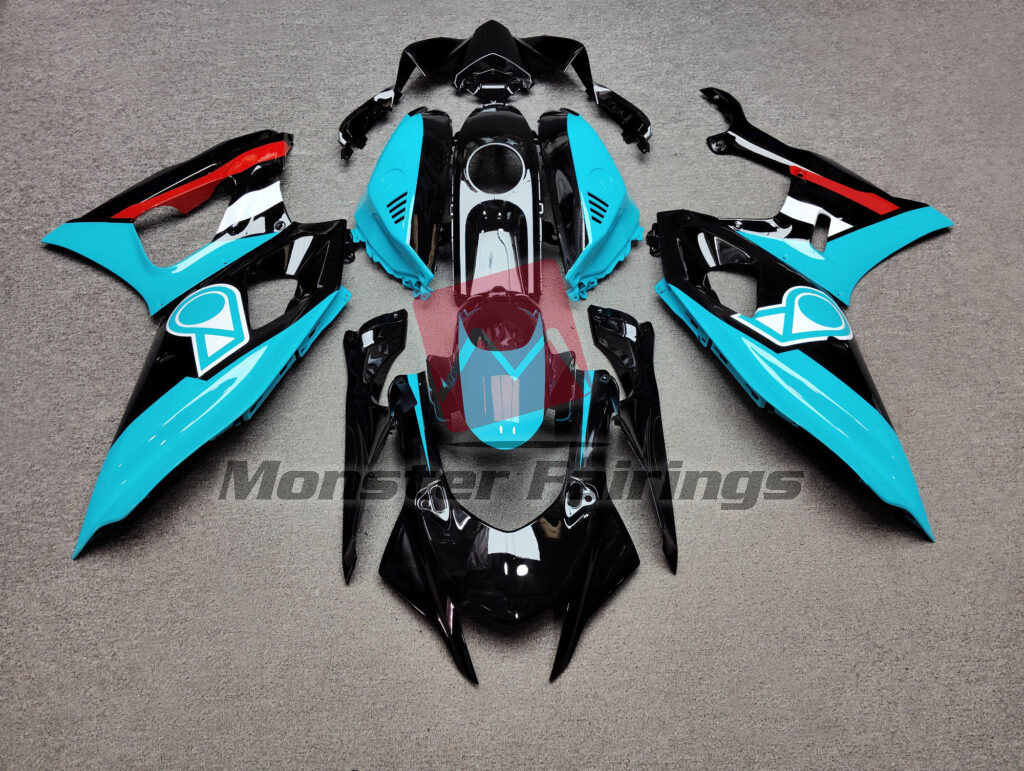 Yamaha R7 2021 - 2025 Gloss Black & Aqua Red Petronas ABS fairings - custom motorcycle bodywork kit by Monster Fairings