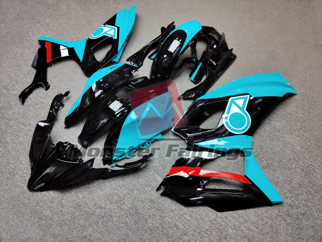 2021 - 2025 Yamaha R7 Gloss Black & Aqua Red Petronas fairing set - ABS injection, custom painted by Monster Fairings