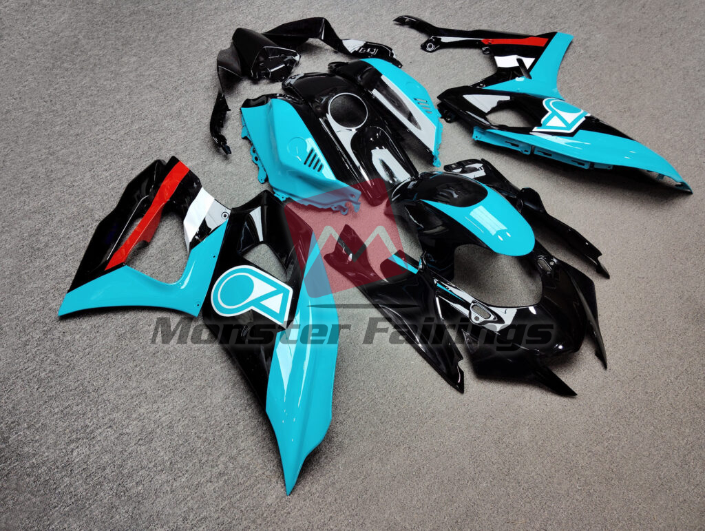 Yamaha R7 custom ABS fairings 2021 - 2025 in Gloss Black & Aqua Red Petronas - durable replacement kit, Monster Fairings