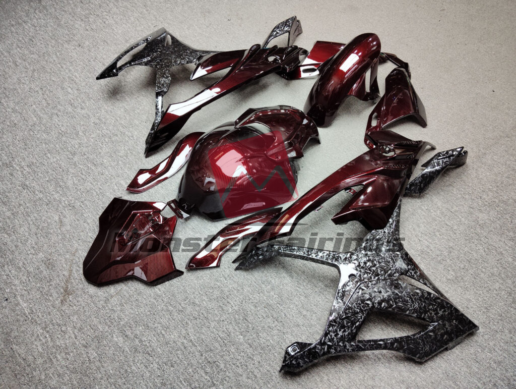 2023 - 2024 BMW S1000RR Gloss Forged & Red Carbon Fiber Style fairing set - ABS injection, custom painted by Monster Fairings
