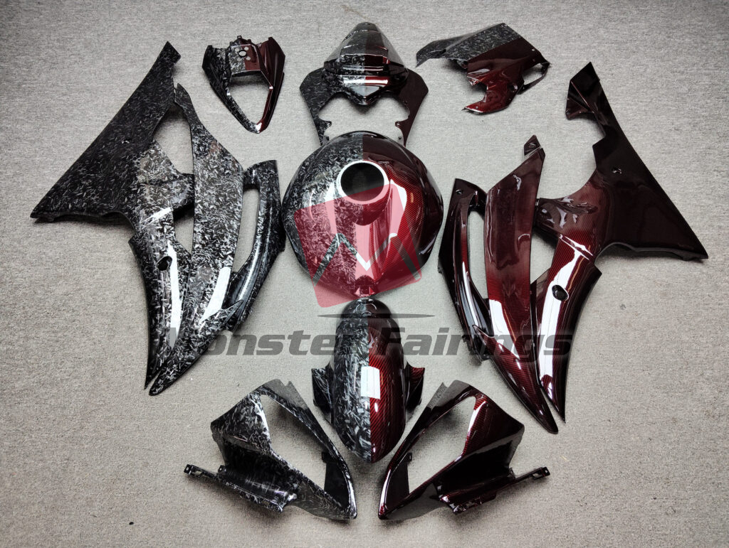 Yamaha R6 2008 - 2016 Gloss Forged & Red Carbon Fiber Style Split ABS fairings - custom motorcycle bodywork kit by Monster Fairings