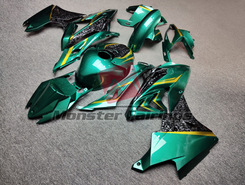 2017 - 2018 BMW S1000RR Gloss Emerald & Gold Forged Carbon Fiber Style fairing set - ABS injection, custom painted by Monster Fairings