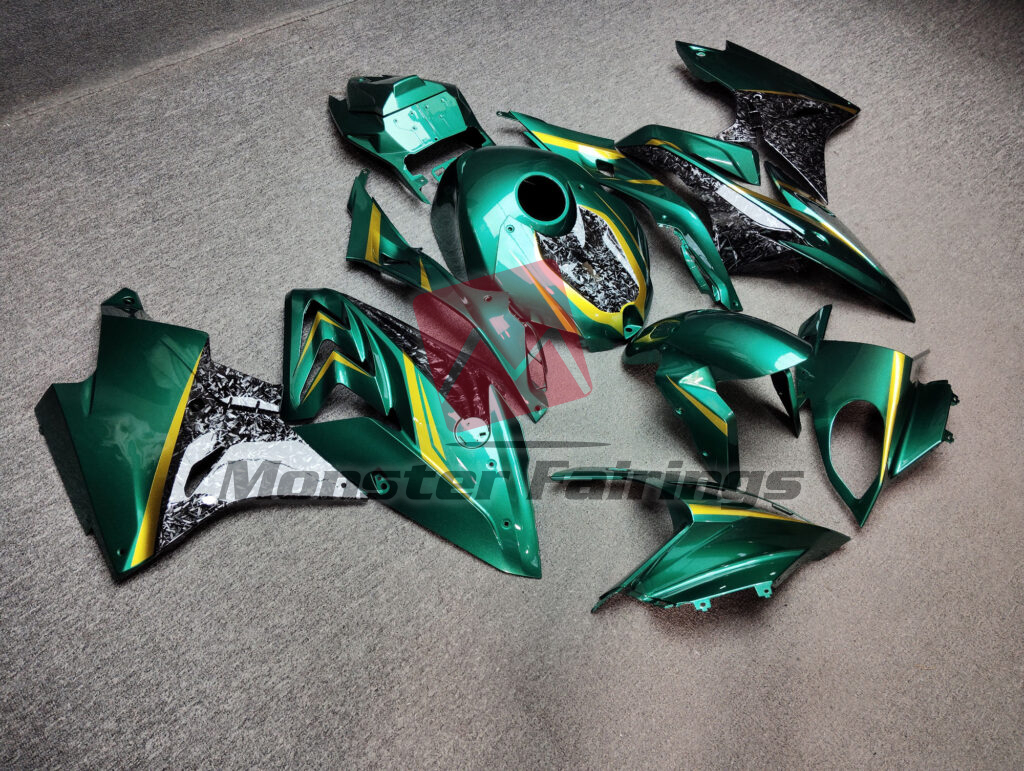 BMW S1000RR custom ABS fairings 2017 - 2018 in Gloss Emerald & Gold Forged Carbon Fiber Style - durable replacement kit, Monster Fairings