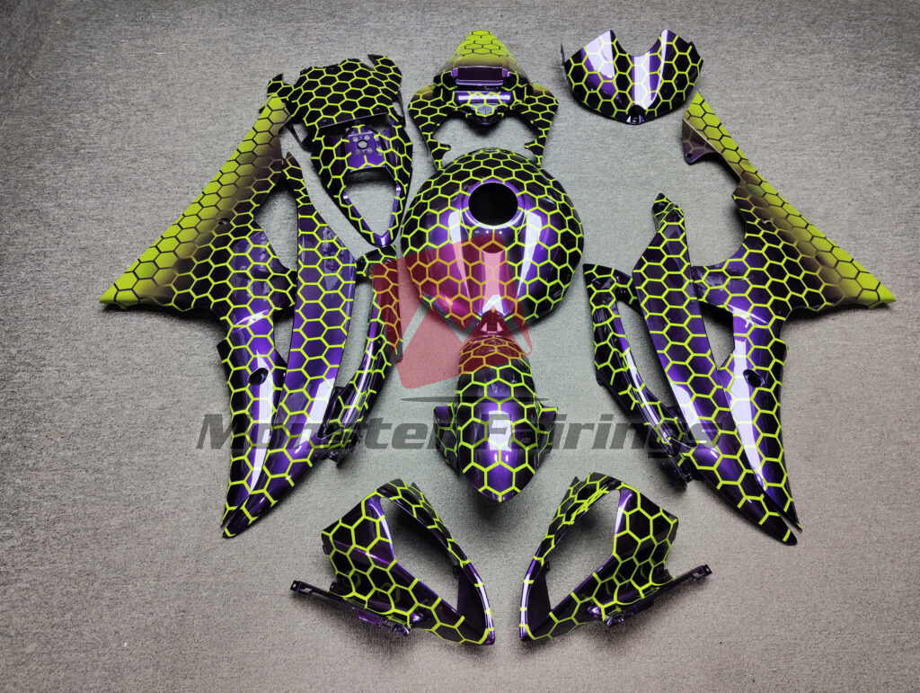 Yamaha R6 2008 - 2016 Gloss Purple & High Vis Yellow Honeycomb ABS fairings - custom motorcycle bodywork kit by Monster Fairings