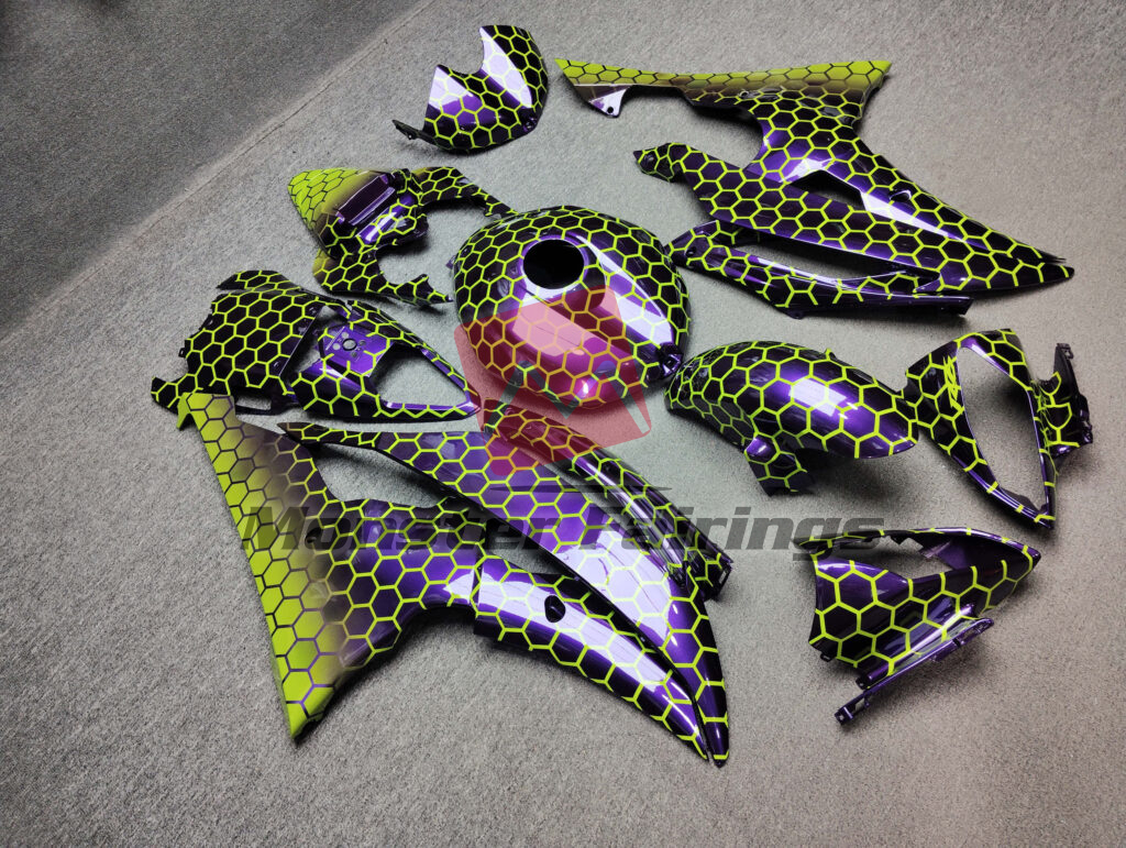 Yamaha R6 custom ABS fairings 2008 - 2016 in Gloss Purple & High Vis Yellow Honeycomb - durable replacement kit, Monster Fairings