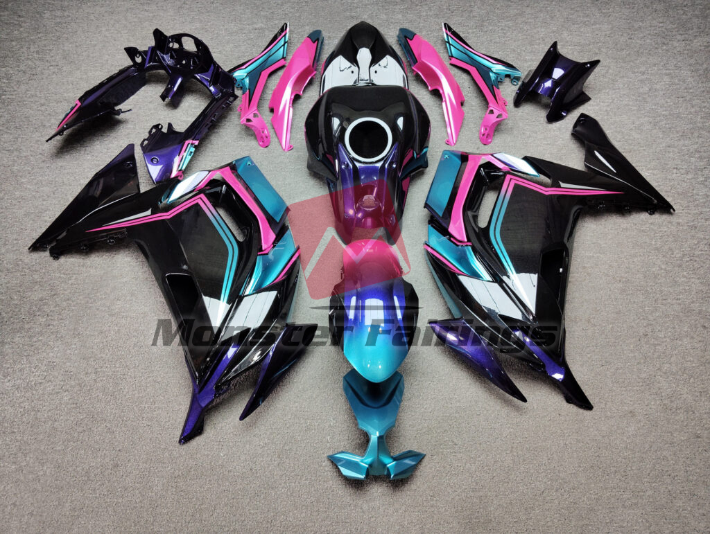 Kawasaki Ninja 650R 2020 - 2025 Gloss Black Pink Aqua & Iridescent Purple ABS fairings - custom motorcycle bodywork kit by Monster Fairings