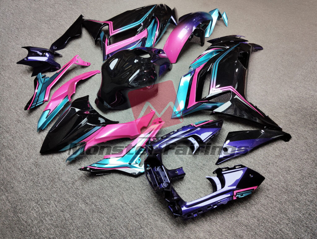 2020 - 2025 Kawasaki Ninja 650R Gloss Black Pink Aqua & Iridescent Purple fairing set - ABS injection, custom painted by Monster Fairings