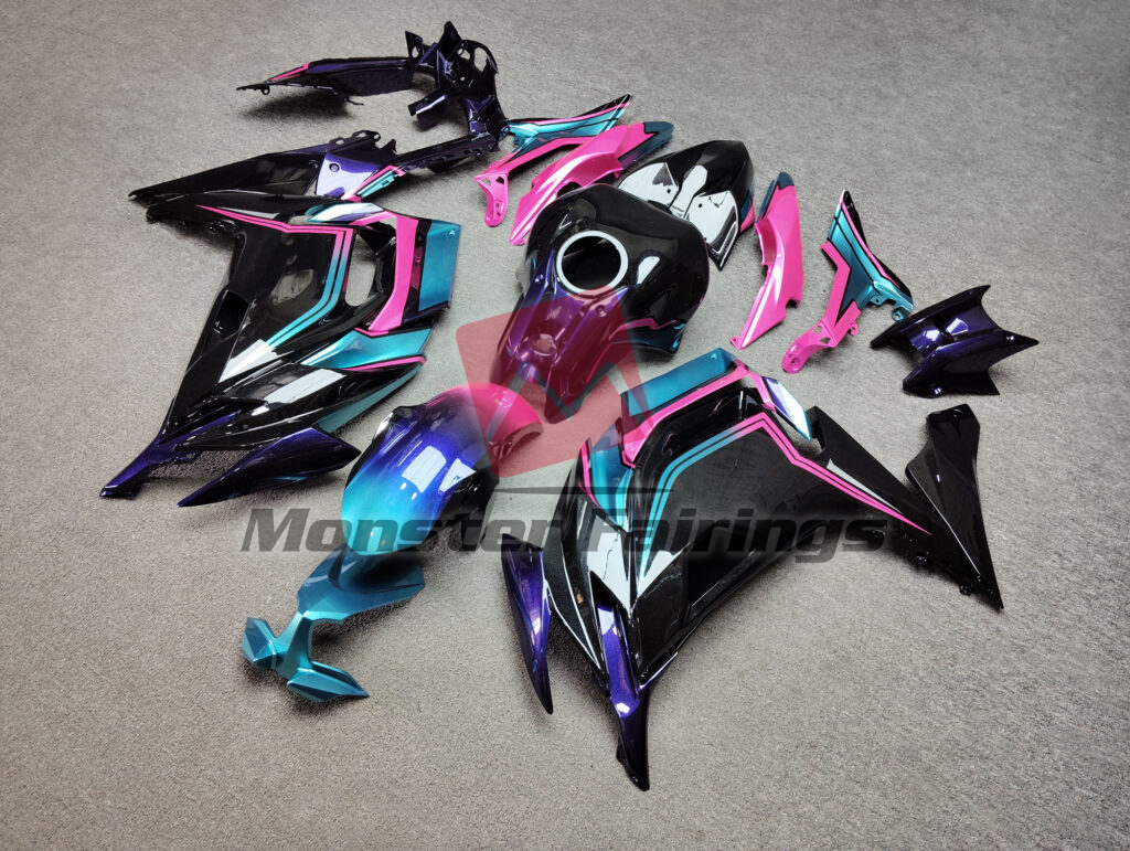 Gloss Black Pink Aqua & Iridescent Purple ABS fairings for Kawasaki Ninja 650R 2020 - 2025 - premium OEM fit kit by Monster Fairings