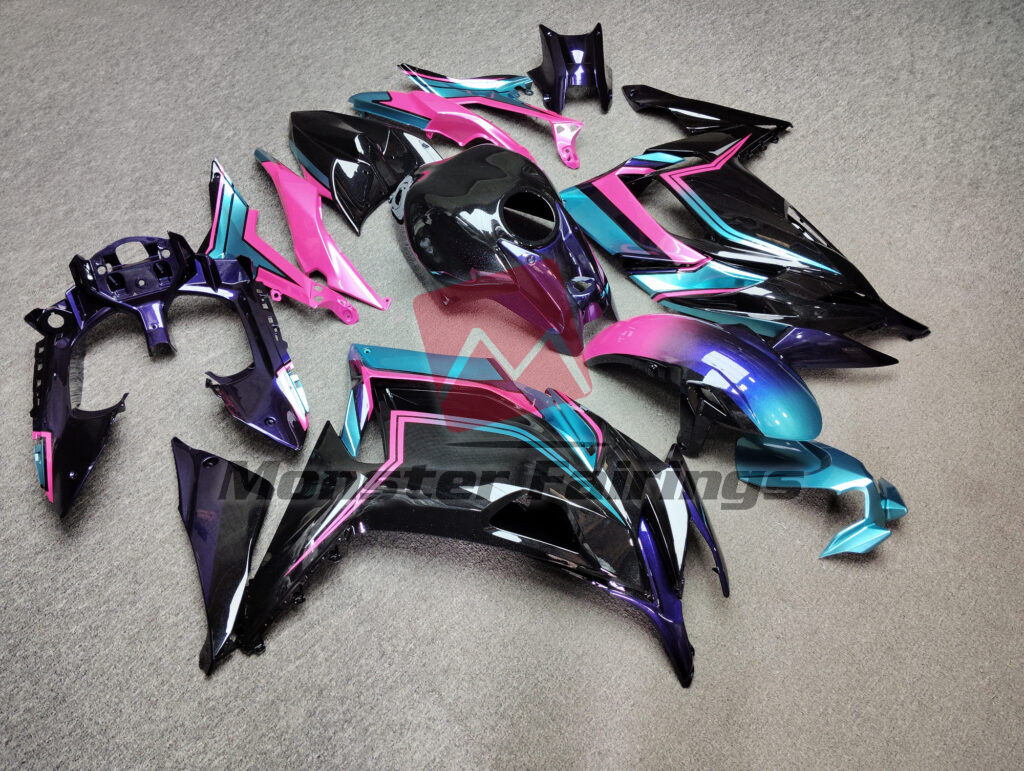 Kawasaki Ninja 650R custom ABS fairings 2020 - 2025 in Gloss Black Pink Aqua & Iridescent Purple - durable replacement kit, Monster Fairings