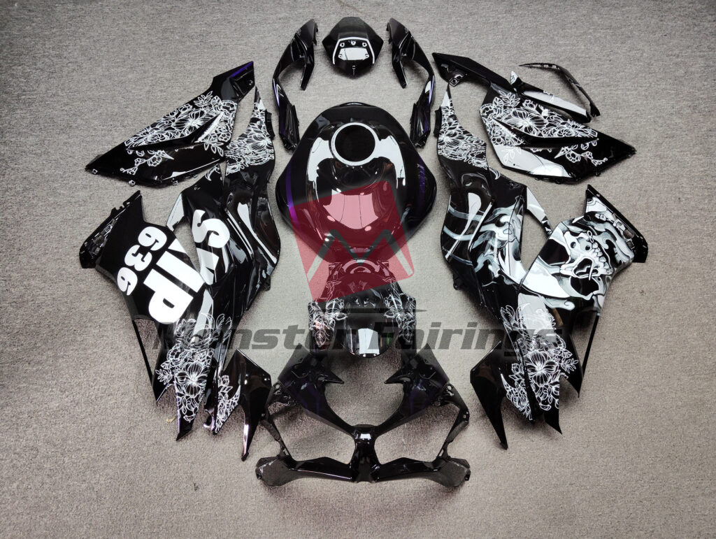 Kawasaki ZX6R 2019 - 2023 Gloss Black Skull & Flowers ABS fairings - custom motorcycle bodywork kit by Monster Fairings