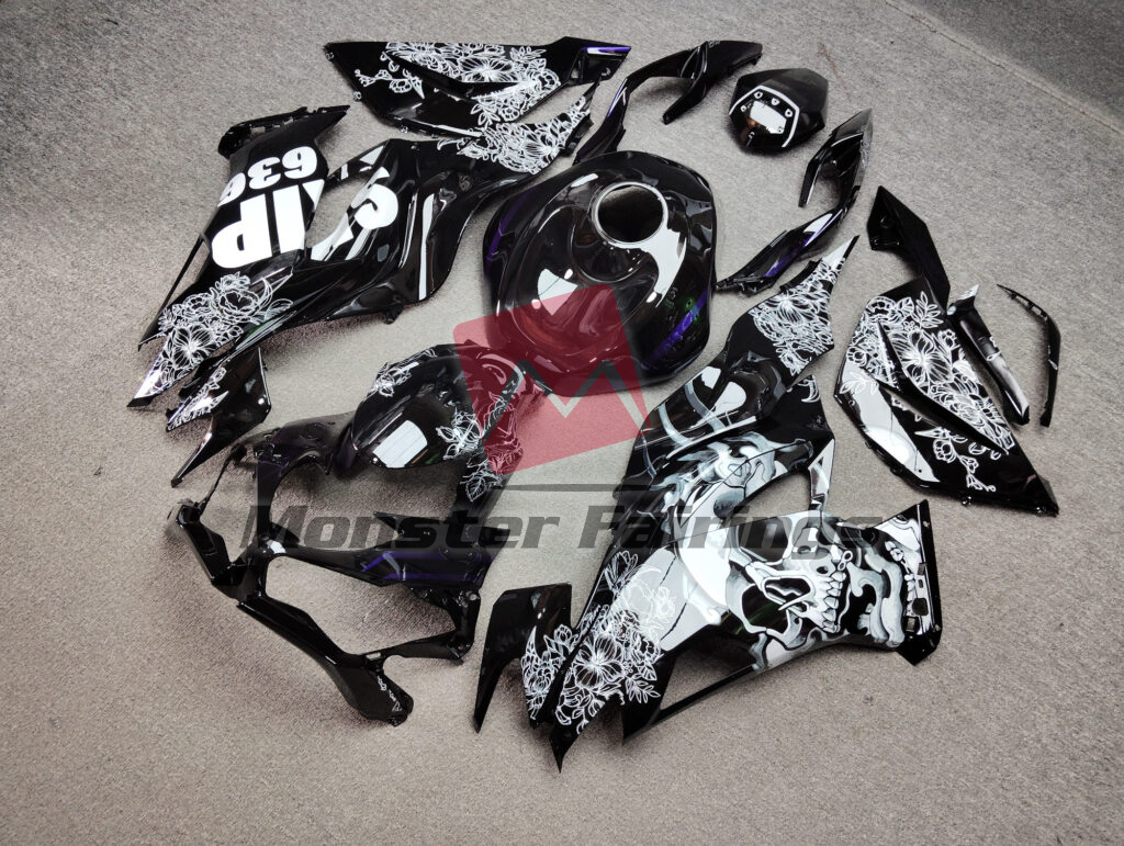 Gloss Black Skull & Flowers ABS fairings for Kawasaki ZX6R 2019 - 2023 - premium OEM fit kit by Monster Fairings