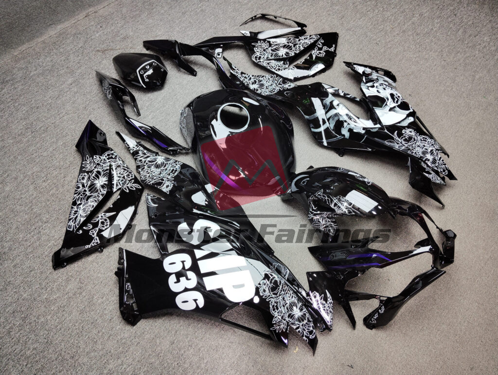 Kawasaki ZX6R custom ABS fairings 2019 - 2023 in Gloss Black Skull & Flowers - durable replacement kit, Monster Fairings
