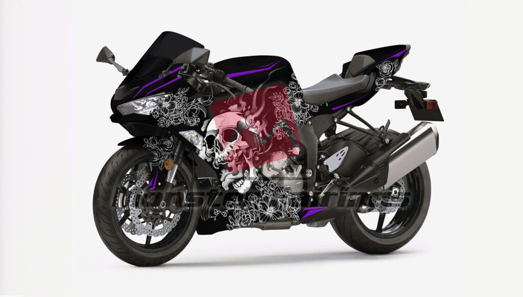 Monster Fairings ABS fairing kit for Kawasaki ZX6R 2019 - 2023 - Gloss Black Skull & Flowers, precise OEM fit