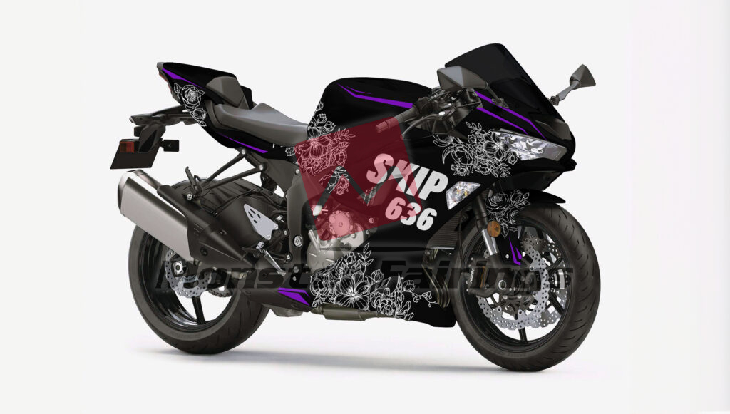 Kawasaki ZX6R 2019 - 2023 ABS fairings, Gloss Black Skull & Flowers - high - quality motorcycle kit by Monster Fairings