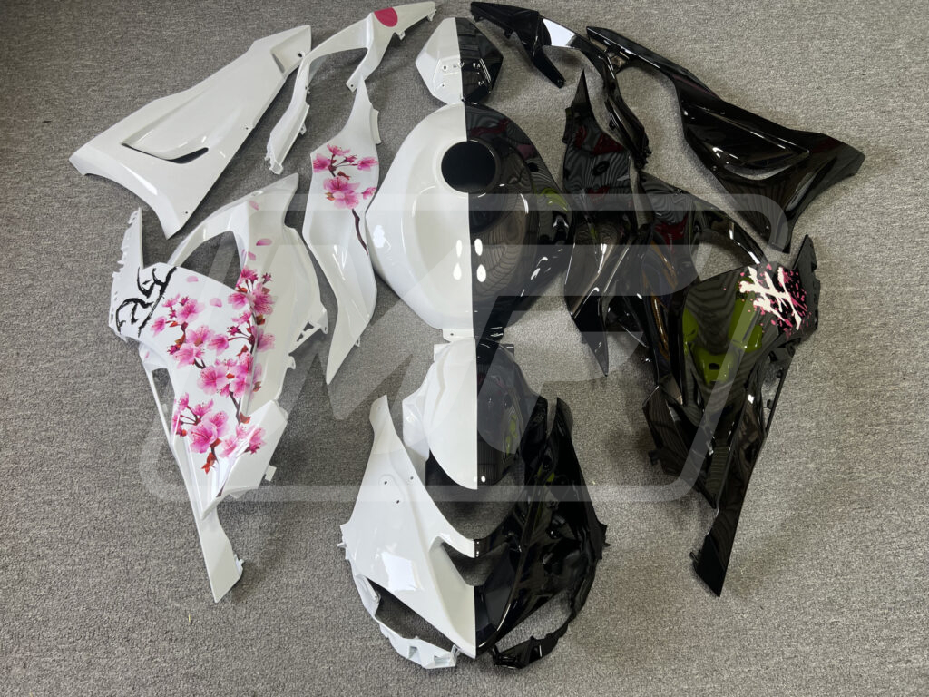 Kawasaki ZX6R 2024 - 2025 Gloss Black & White Pink Cherry Blossom Split ABS fairings - custom motorcycle bodywork kit by Monster Fairings