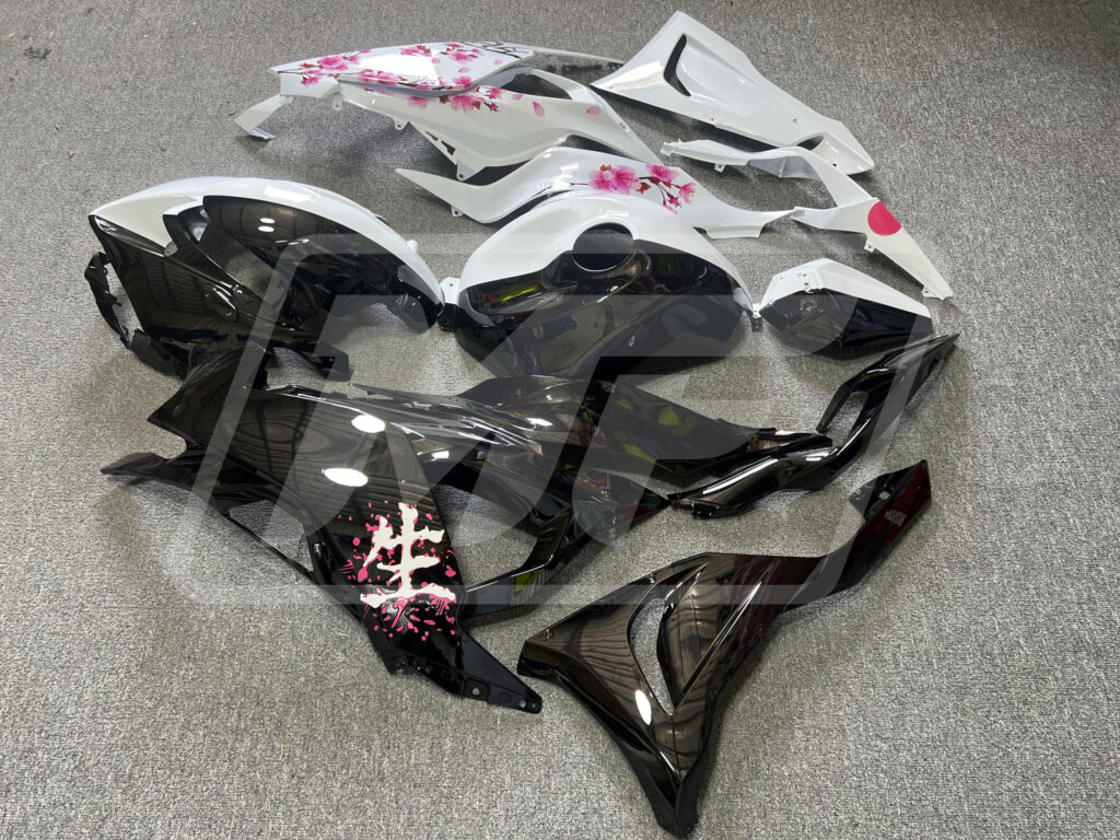 Kawasaki ZX6R custom ABS fairings 2024 - 2025 in Gloss Black & White Pink Cherry Blossom Split - durable replacement kit, Monster Fairings