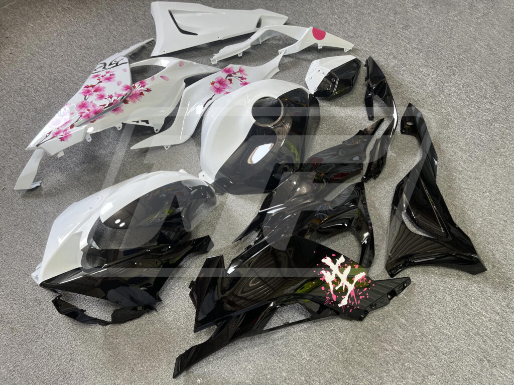 Gloss Black & White Pink Cherry Blossom Split ABS fairings for Kawasaki ZX6R 2024 - 2025 - premium OEM fit kit by Monster Fairings