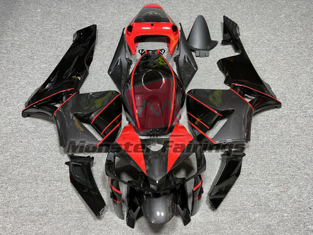 Honda CBR600RR 2005 - 2006 Gloss Black & Carbon Fiber Style Red ABS fairings - custom motorcycle bodywork kit by Monster Fairings
