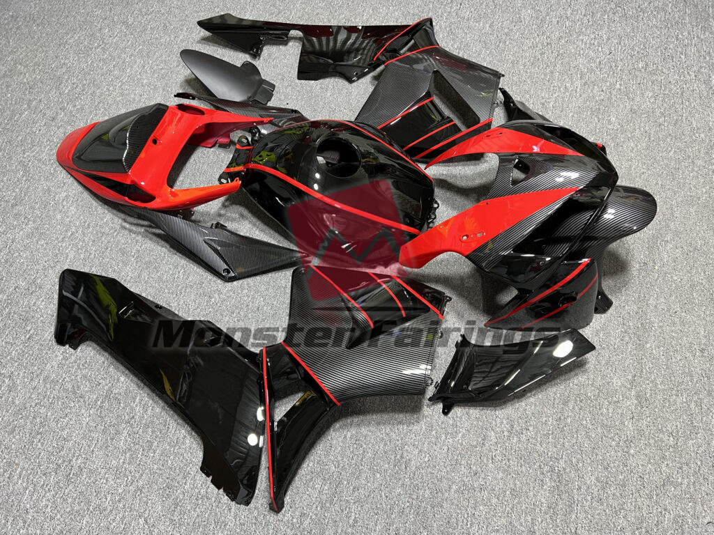 2005 - 2006 Honda CBR600RR Gloss Black & Carbon Fiber Style Red fairing set - ABS injection, custom painted by Monster Fairings