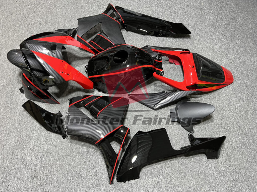 Honda CBR600RR custom ABS fairings 2005 - 2006 in Gloss Black & Carbon Fiber Style Red - durable replacement kit, Monster Fairings