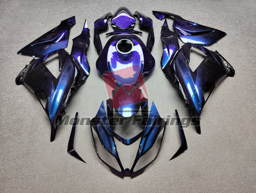 Kawasaki ZX6R 2013 - 2018 Gloss Blue & Purple Iridescent Black ABS fairings - custom motorcycle bodywork kit by Monster Fairings