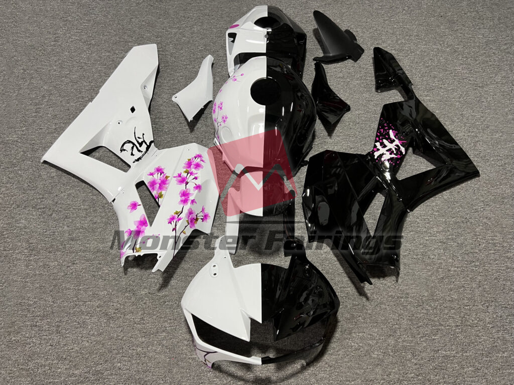 Honda CBR600RR 2013 - 2025 Gloss Black & White Pink Cherry Blossom Split ABS fairings - custom motorcycle bodywork kit by Monster Fairings