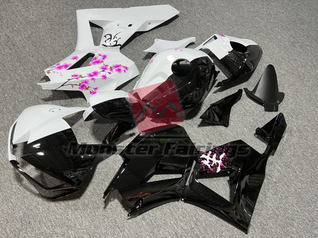 Honda CBR600RR custom ABS fairings 2013 - 2025 in Gloss Black & White Pink Cherry Blossom Split - durable replacement kit, Monster Fairings