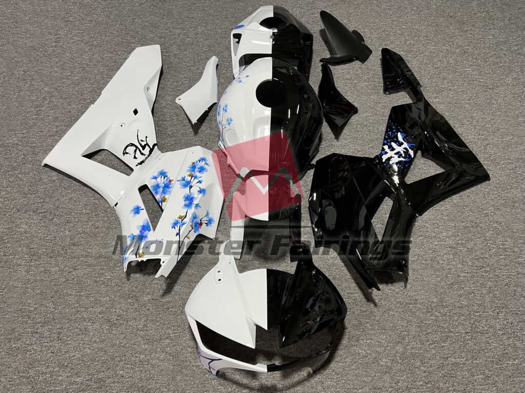 Honda CBR600RR 2013 - 2025 Gloss Black & White Blue Cherry Blossom Split ABS fairings - custom motorcycle bodywork kit by Monster Fairings