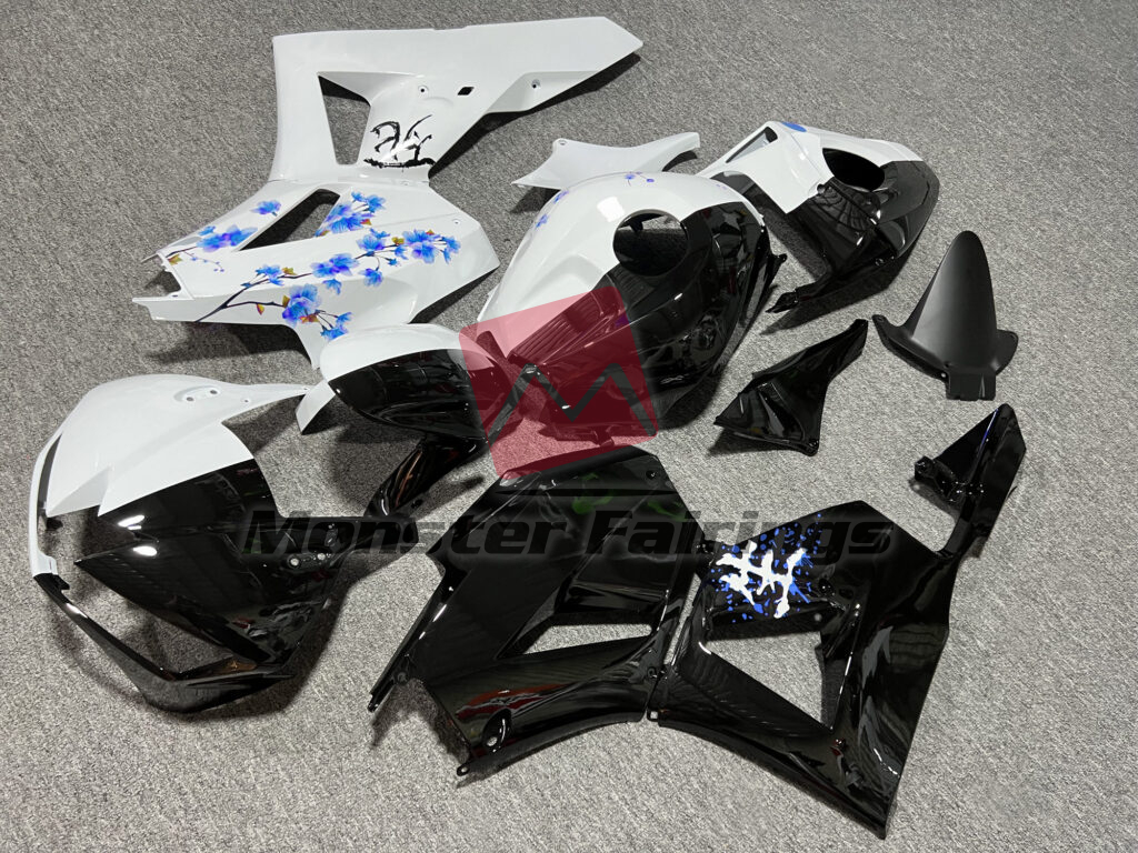 Honda CBR600RR custom ABS fairings 2013 - 2025 in Gloss Black & White Blue Cherry Blossom Split - durable replacement kit, Monster Fairings