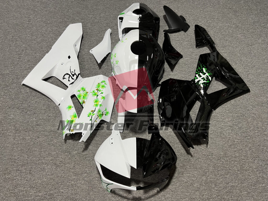 Honda CBR600RR 2013 - 2025 Gloss Black & White Green Cherry Blossom Split ABS fairings - custom motorcycle bodywork kit by Monster Fairings