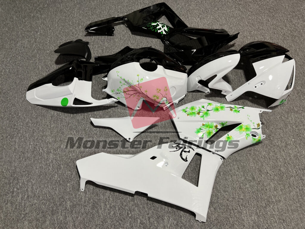 2013 - 2025 Honda CBR600RR Gloss Black & White Green Cherry Blossom Split fairing set - ABS injection, custom painted by Monster Fairings