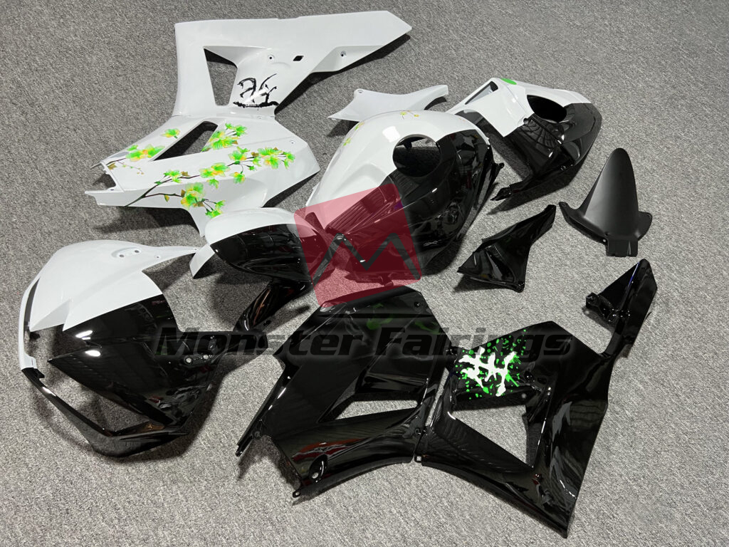 Honda CBR600RR custom ABS fairings 2013 - 2025 in Gloss Black & White Green Cherry Blossom Split - durable replacement kit, Monster Fairings