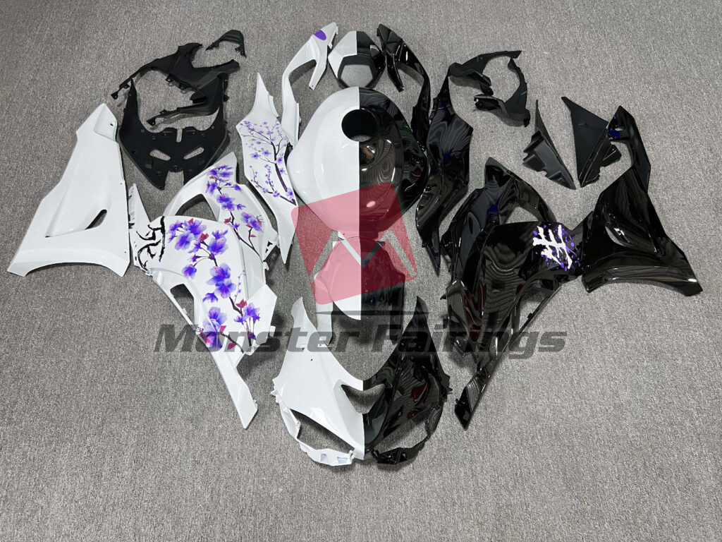 Kawasaki ZX6R 2024 - 2025 Gloss Black & White Purple Cherry Blossom Split ABS fairings - custom motorcycle bodywork kit by Monster Fairings