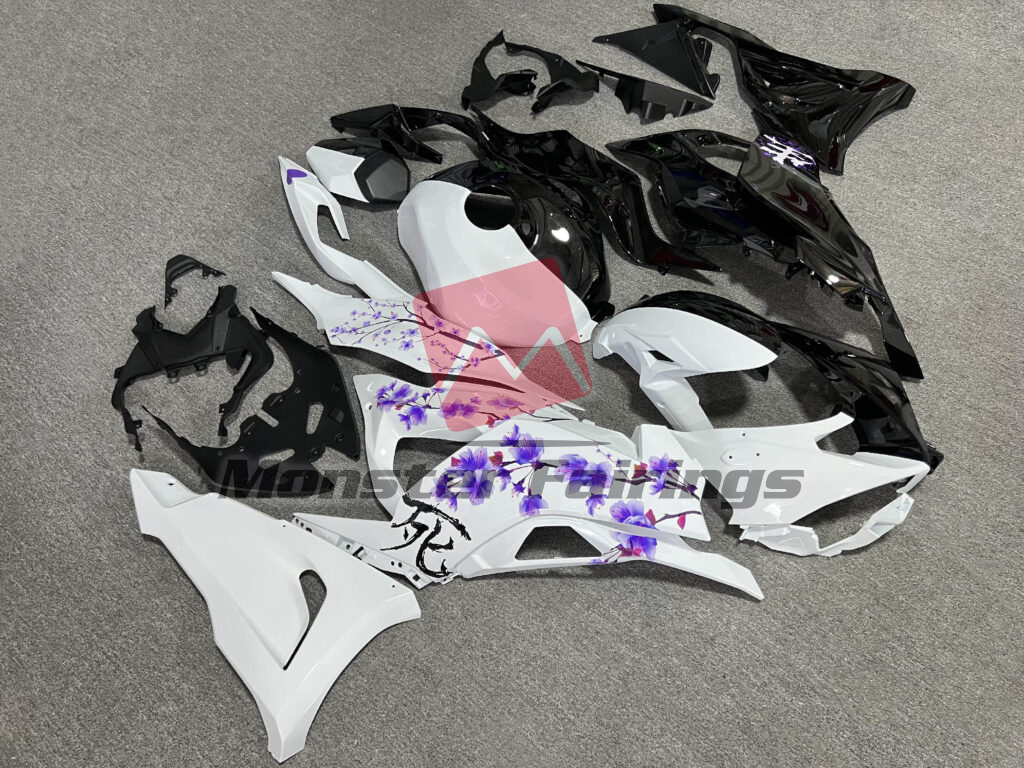 Gloss Black & White Purple Cherry Blossom Split ABS fairings for Kawasaki ZX6R 2024 - 2025 - premium OEM fit kit by Monster Fairings
