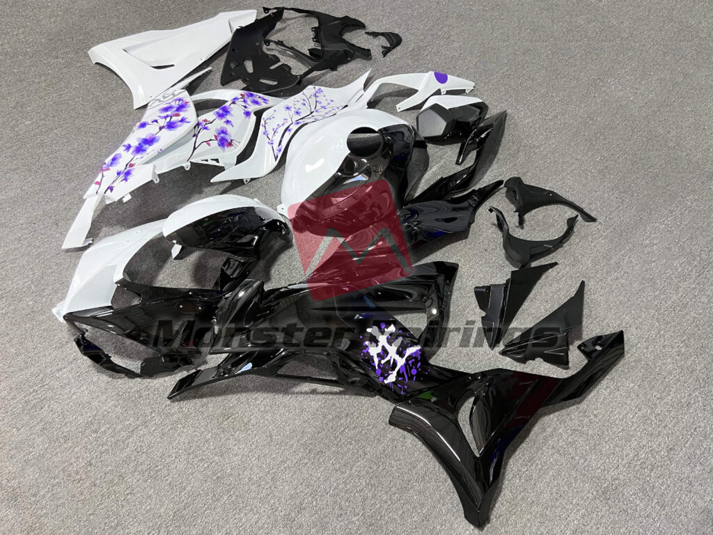 Kawasaki ZX6R custom ABS fairings 2024 - 2025 in Gloss Black & White Purple Cherry Blossom Split - durable replacement kit, Monster Fairings